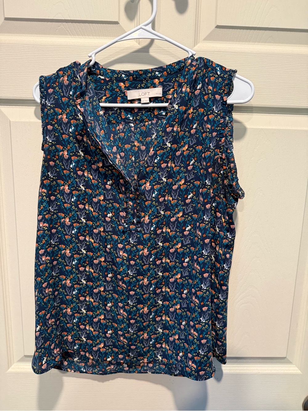 LOFT Teal Floral Ruffle Trim Sleeveless Top